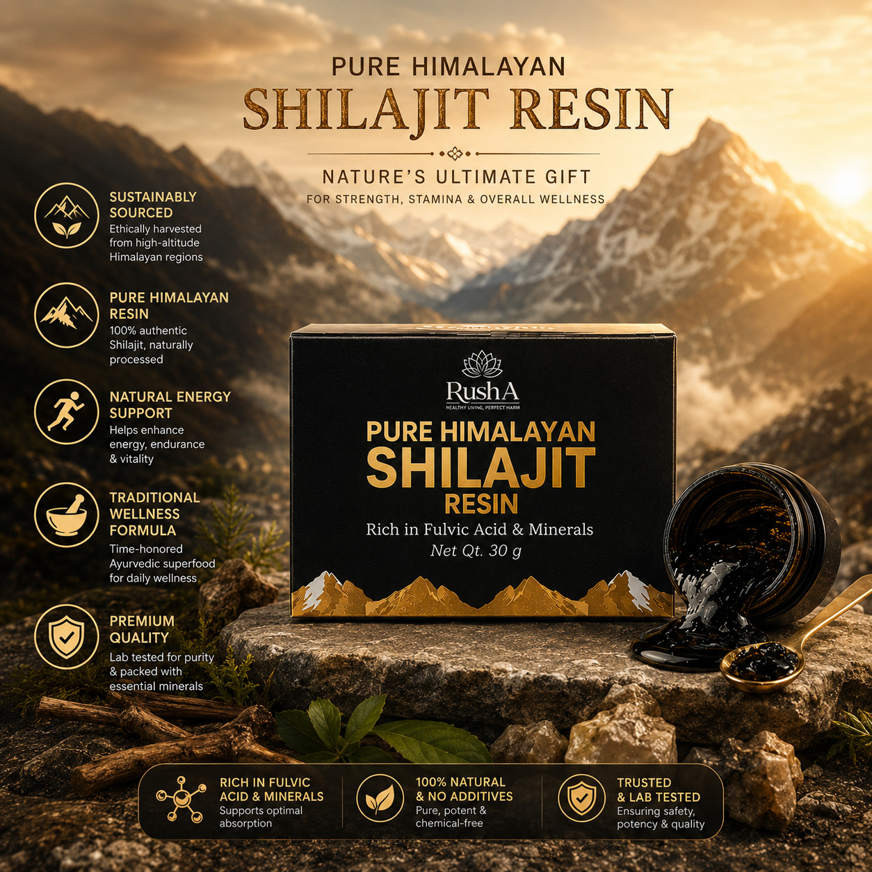 Rusha Pure Himalayan Shilajit Resin 30g | Rich in Fulvic Acid & Minerals