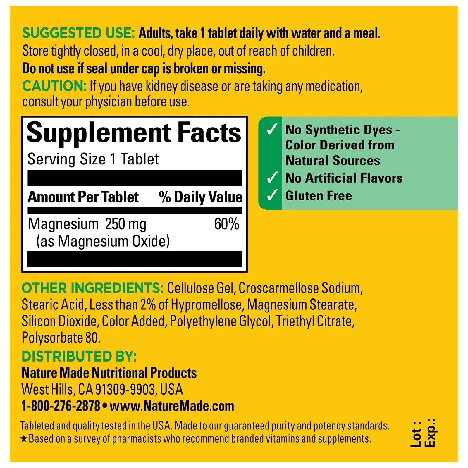 Nature Made Magnesium Oxide 250 mg, 100 Count (Pack of 1), No Color