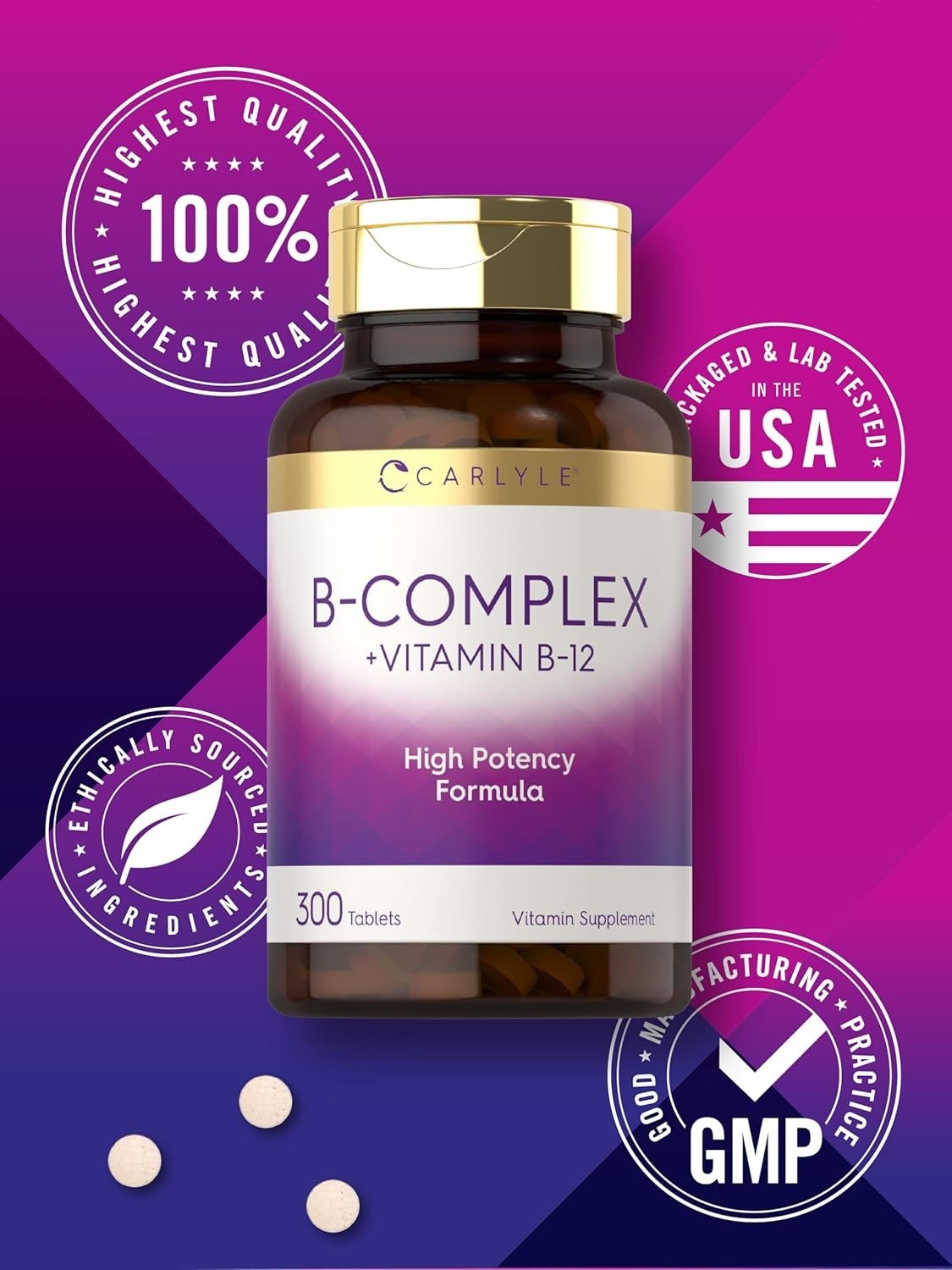 B Complex Vitamin B12 300 Tablets High Potency Energy Metabolism Vegetarian Non