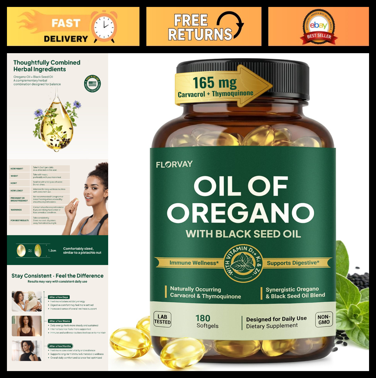 5-in-1 Immune Support Softgels – Oregano & Black Seed Oil, 180 Non-GMO Capsules