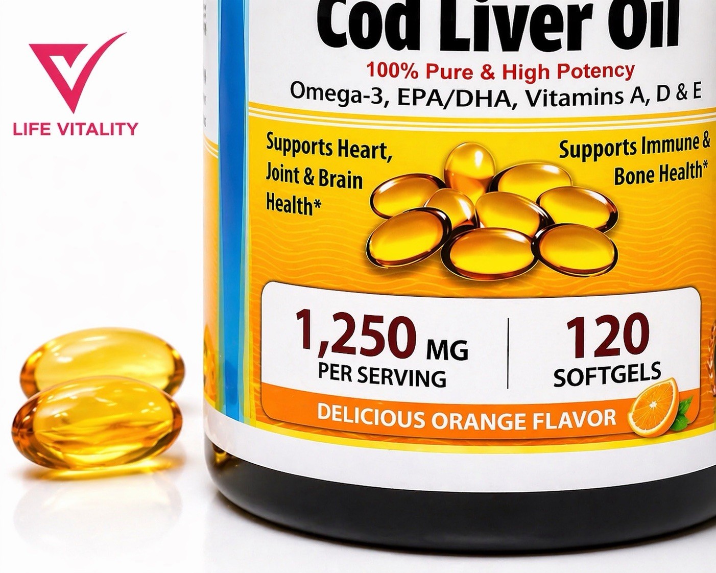 Norwegian Cod Liver Oil 1250 Mg Omega 3 EPA – DHA 120 Softgels Orange Flavor