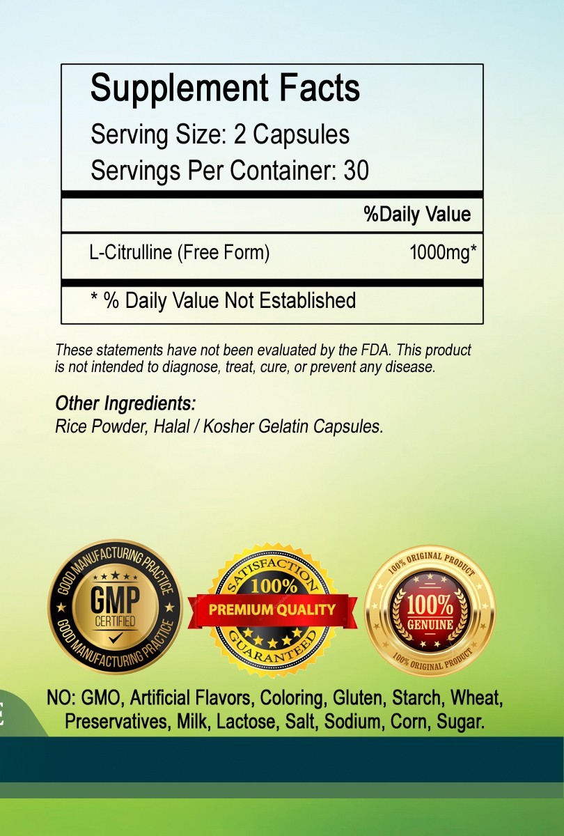 L-Citrulline Amino Acid Capsules 1000mg Per Serving – New Bottle-/