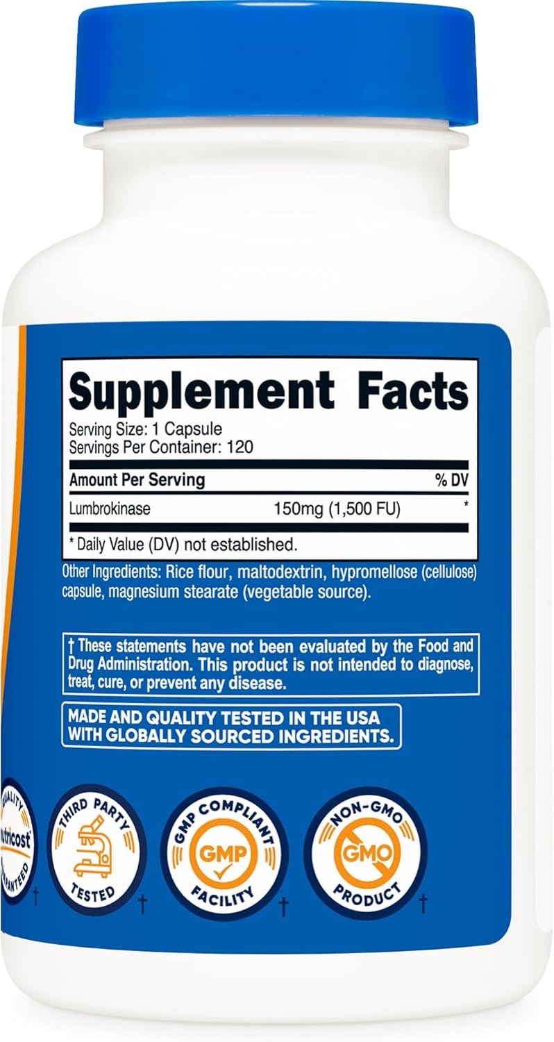 Nutricost Lumbrokinase 150mg 120 Capsules Gluten Free GMO Free Tested
