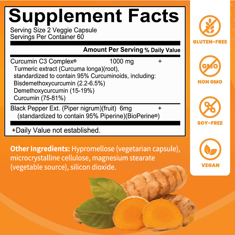 Curcumin Supplement 1000mg – Supports Joint Comfort, Digestion 30/60/120 Caps
