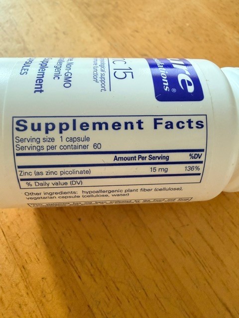 ZINC 15mg 180=3×60 caps Pure Encapsulation Exp 7/28 (NEW)