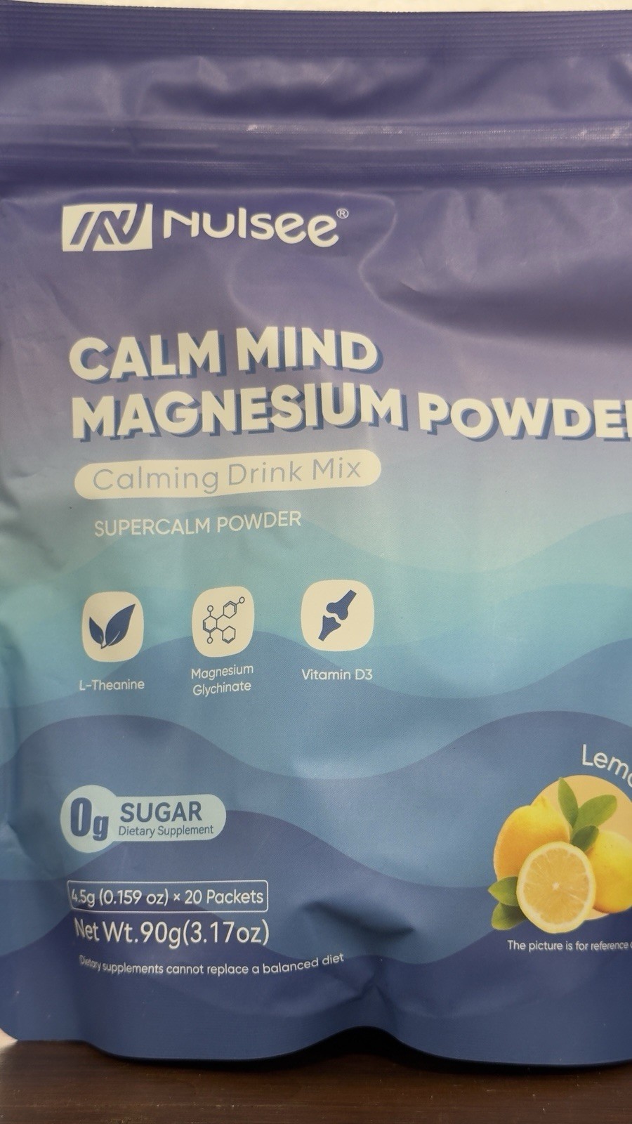 Nulsee Calm Mind Magnesium Powder Drink Mix Lemon 0g Sugar Vegan 20 Pack 90g