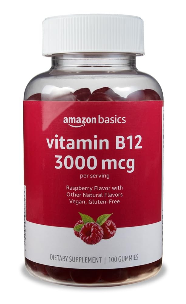 Amazon Basics Vitamin B12 3000 mcg Gummies, Normal 100 count (Pack of 1), Red