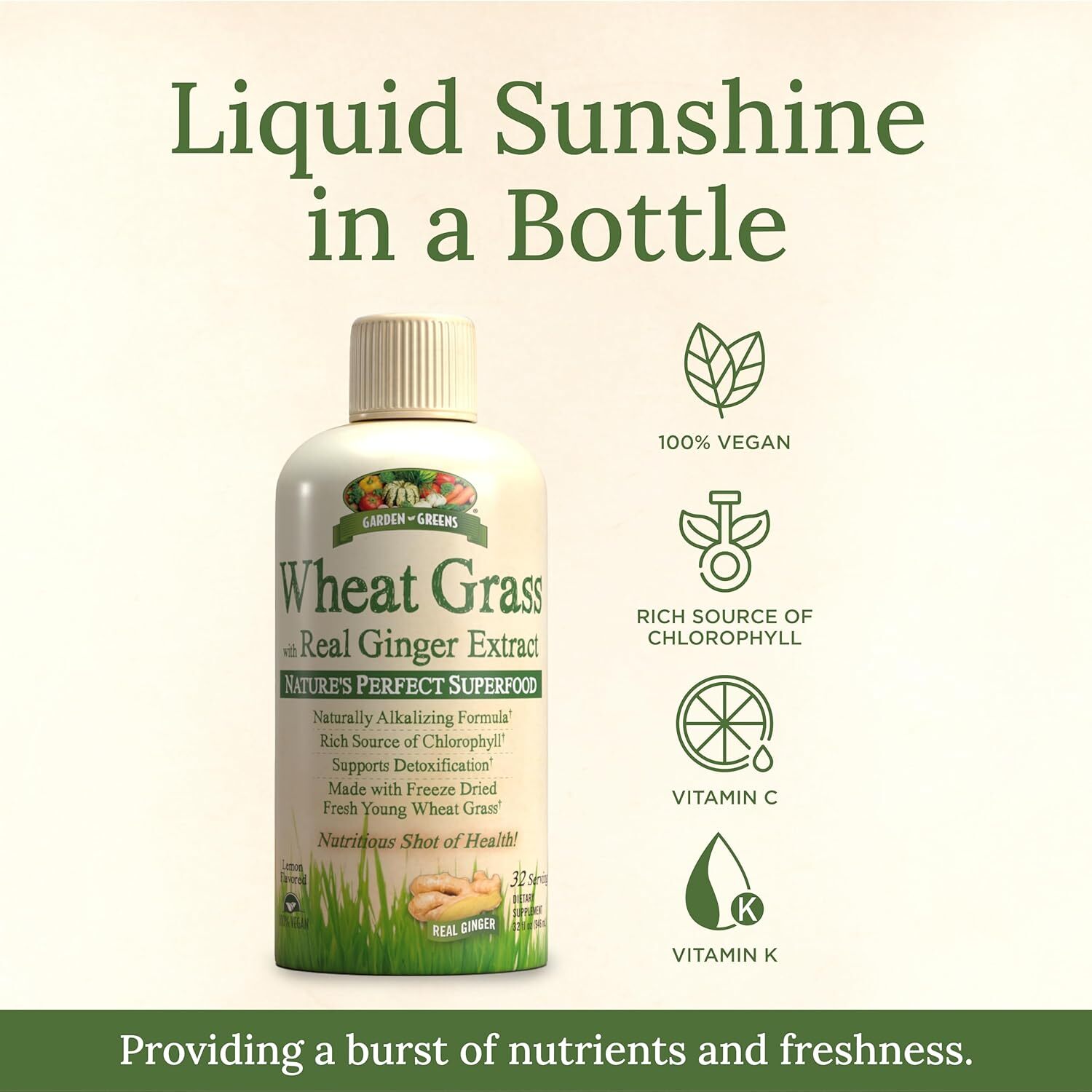 Garden Greens Wheat Grass Liquid Supplement Lemon Flavor 32 Fl Oz 32 Servings