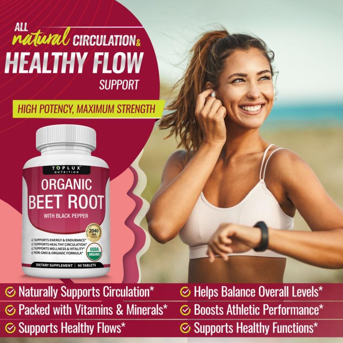 Toplux Tablets Root Organic Natural 2040mg, Beet Nitric Oxide Booster