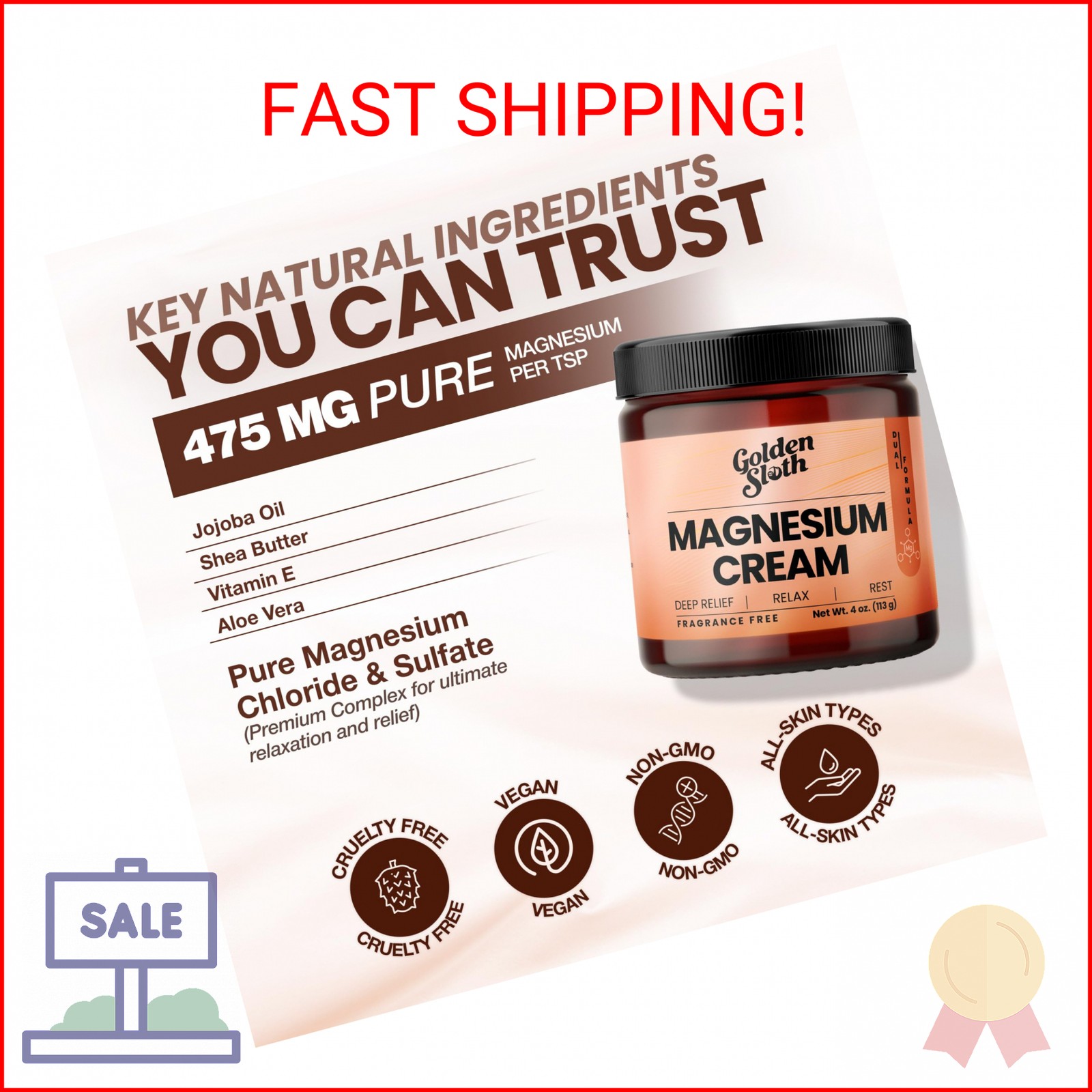 Golden Sloth Magnesium Cream – Unscented Topical Lotion – Highly Concentrated wi