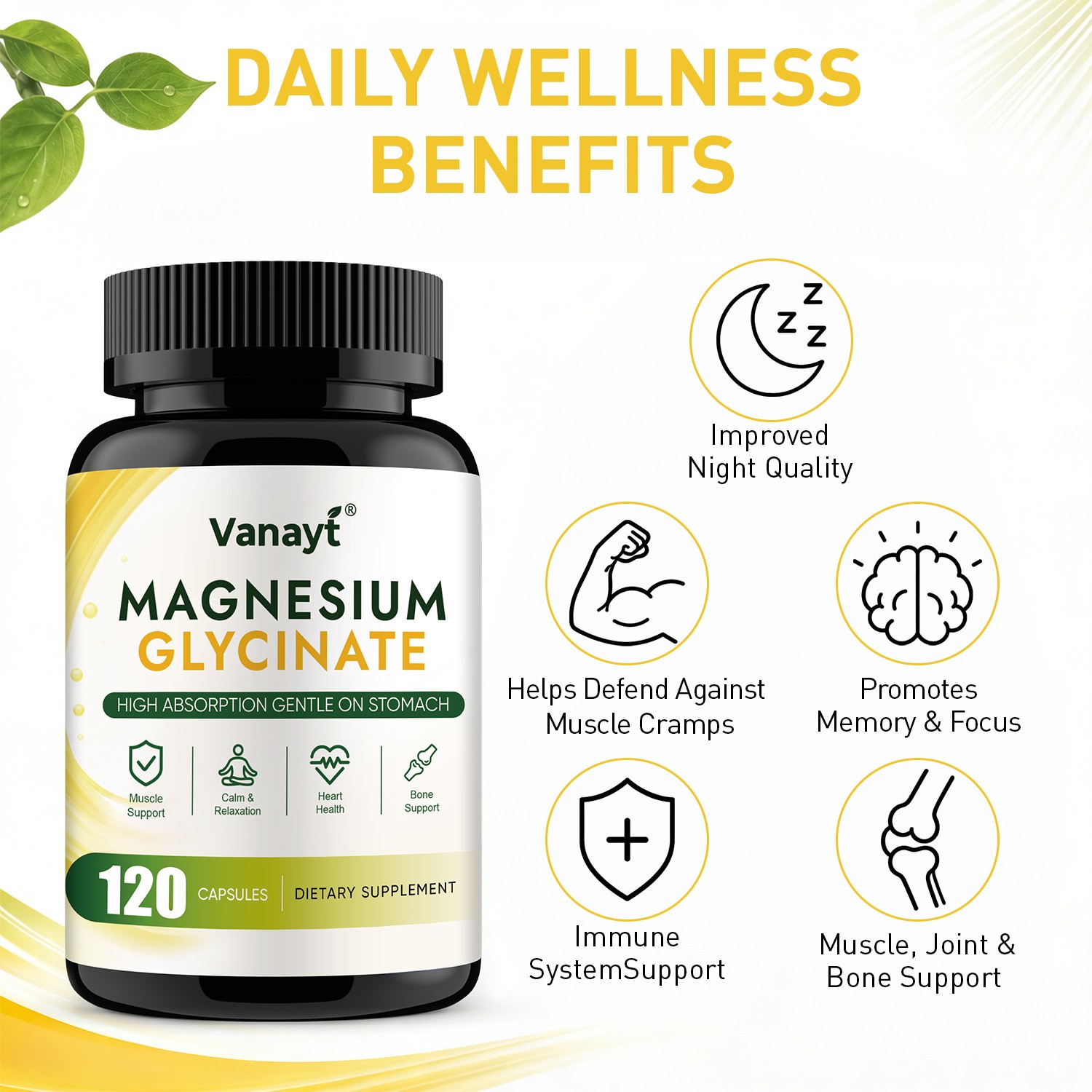 Magnesium Glycinate 500mg 120 Capsules High Absorption Supplement Vegetarian