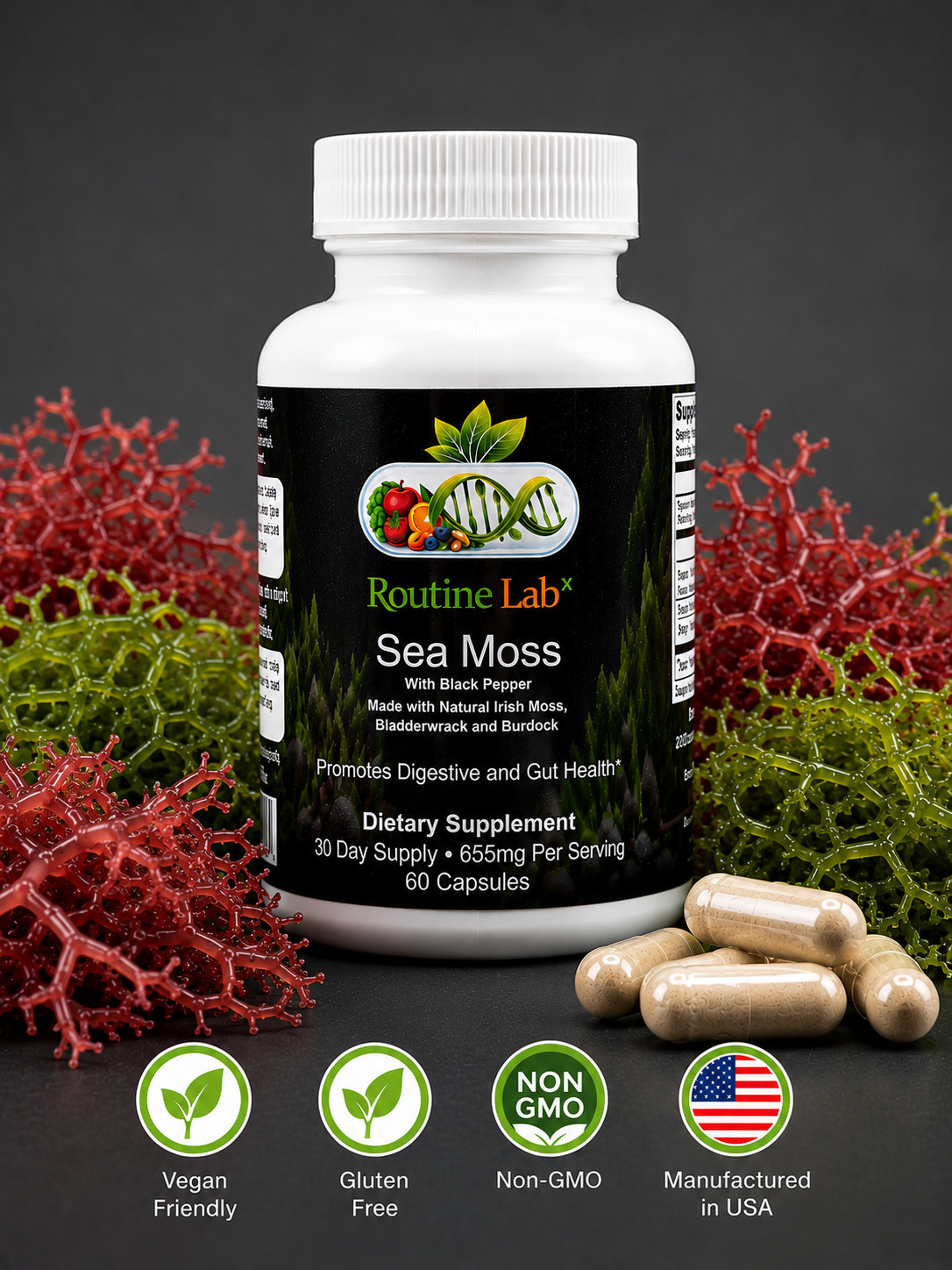 Routine LabX Organic Sea Moss w/ Black Pepper 60 Capsules (1,405mg per serving)