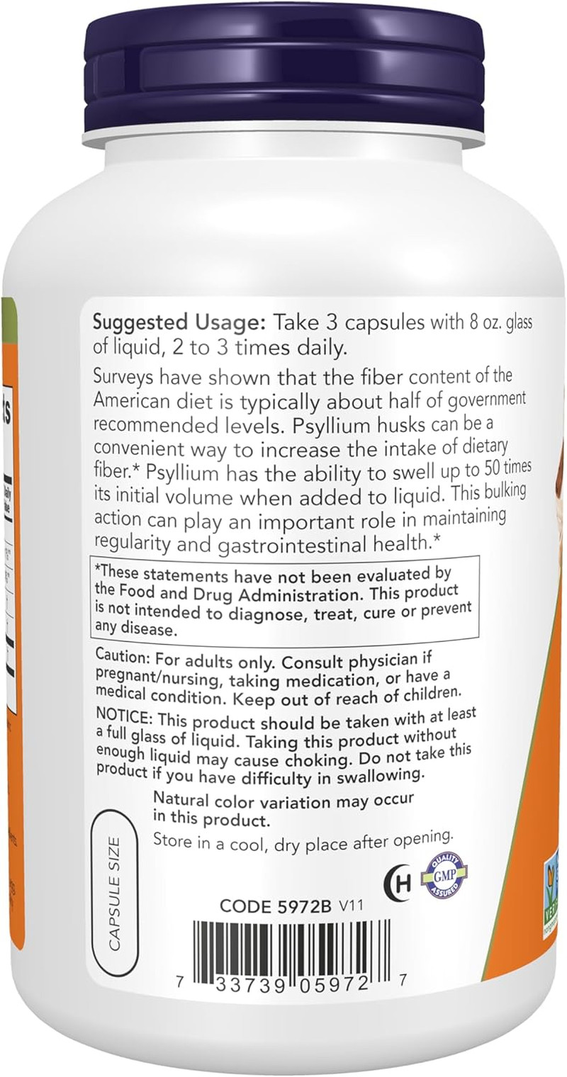 NOW Foods Psyllium Husk Caps 500 mg 500 Veg Capsules, Natural Soluble Fiber