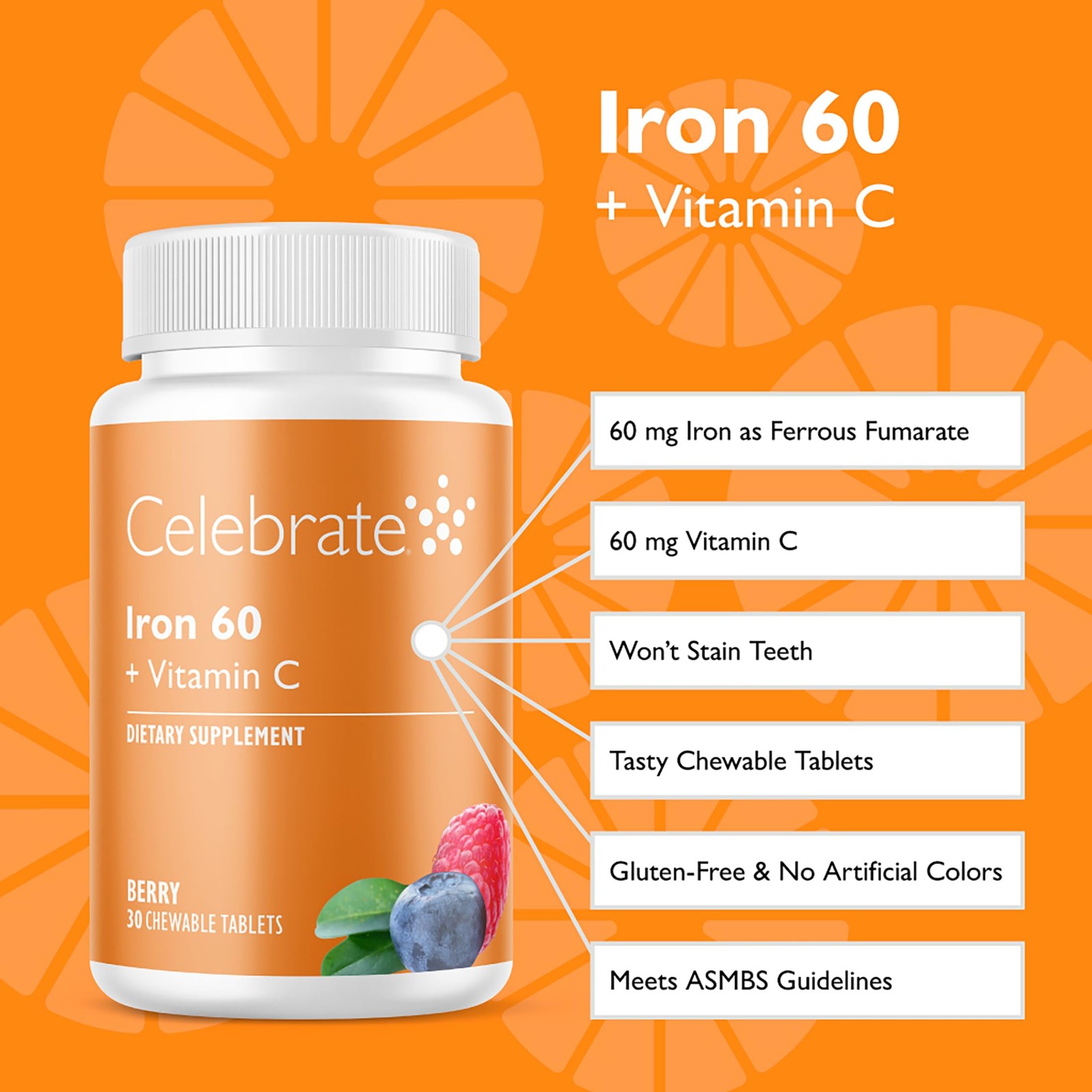 Celebrate Vitamins Iron Supplement with 60mg & 30 Count (Pack of 1)