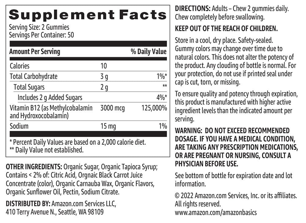 Amazon Basics Vitamin B12 Gummies 3000 mcg – 100 Count – Raspberry Flavor
