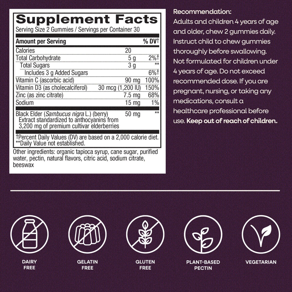 Sambucus Elderberry Immune Gummies with Vitamin C, Vitamin D3 and Zinc – 60ct