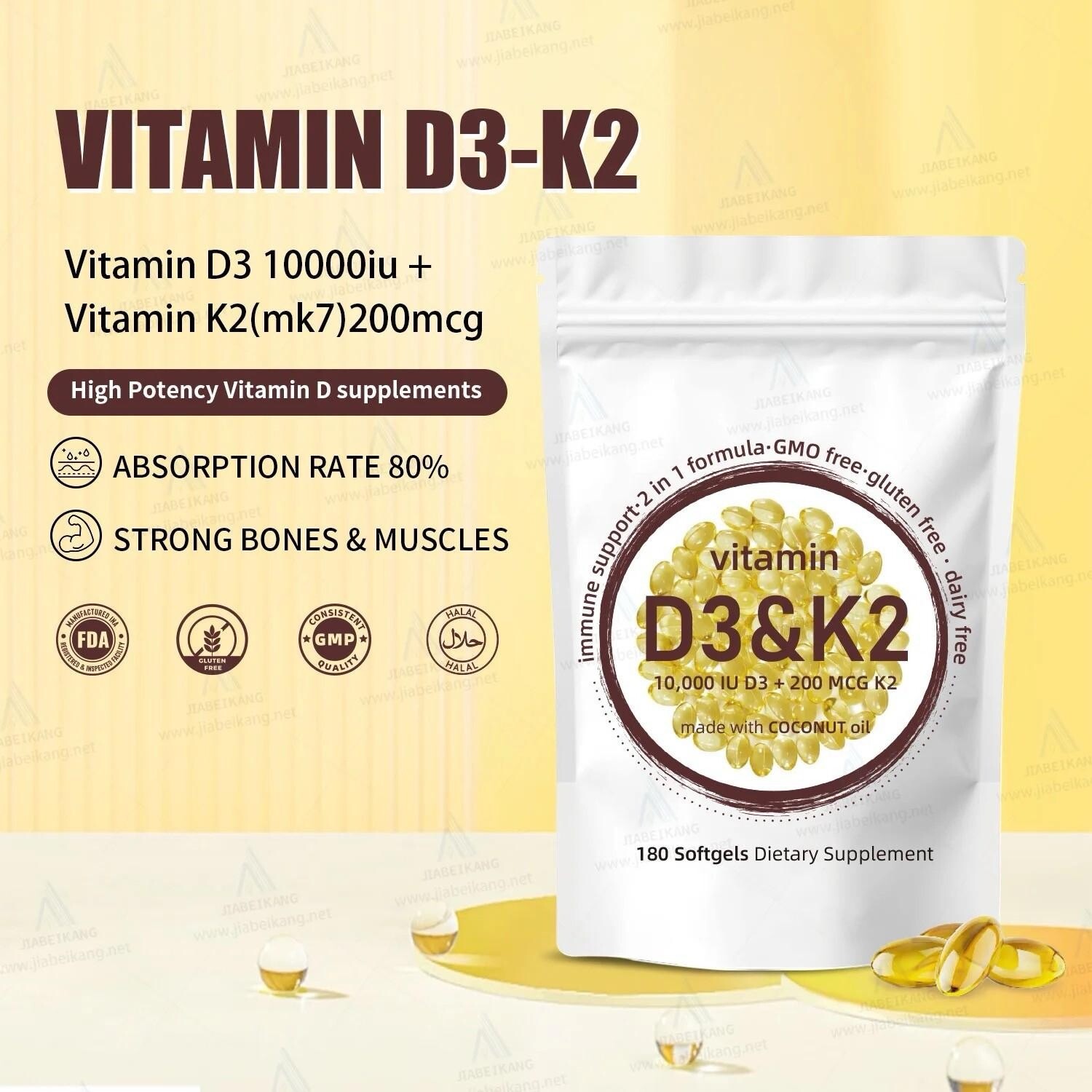 Vitamin D3 K2 10000 iu with Coconut Oil, VIT d3 and k2 Supplements, 180 Gel Caps