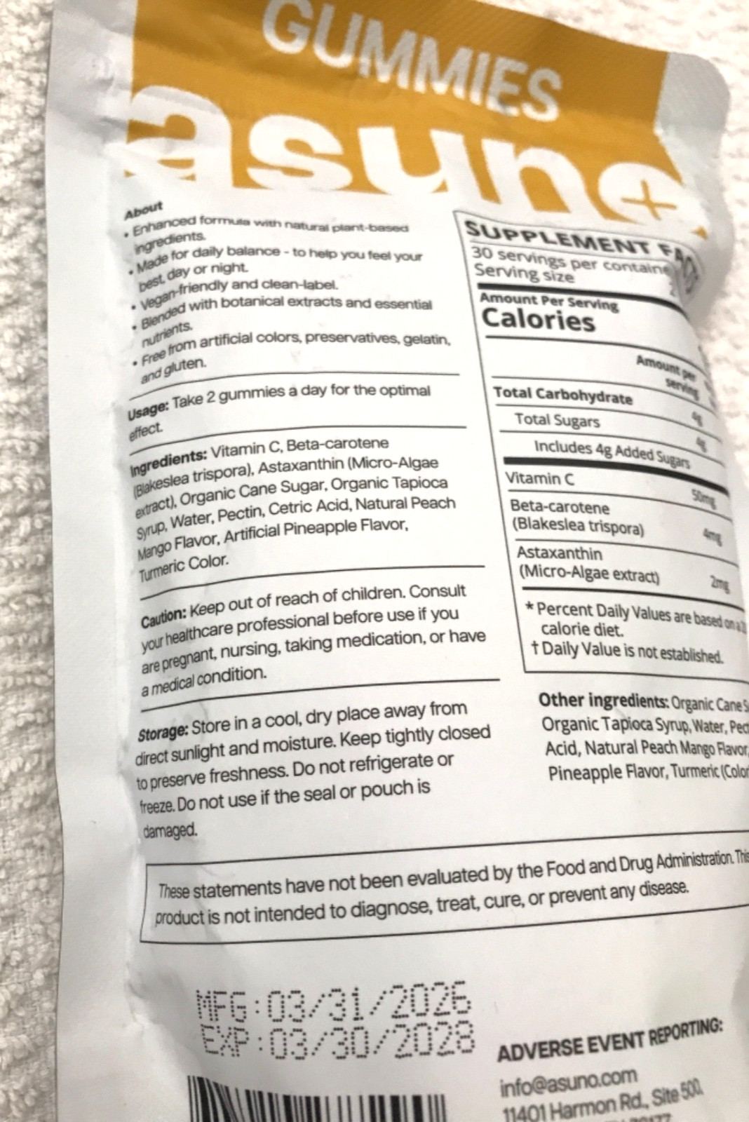 Tanning Gummies Beta Carotene Peach Mango Vegan 60 CT Astaxanthin Asuno