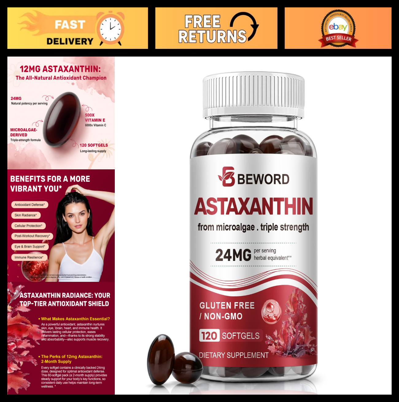Astaxanthin 24mg with MCT Oil – 120 Softgels, Antioxidant Supplement for Skin &