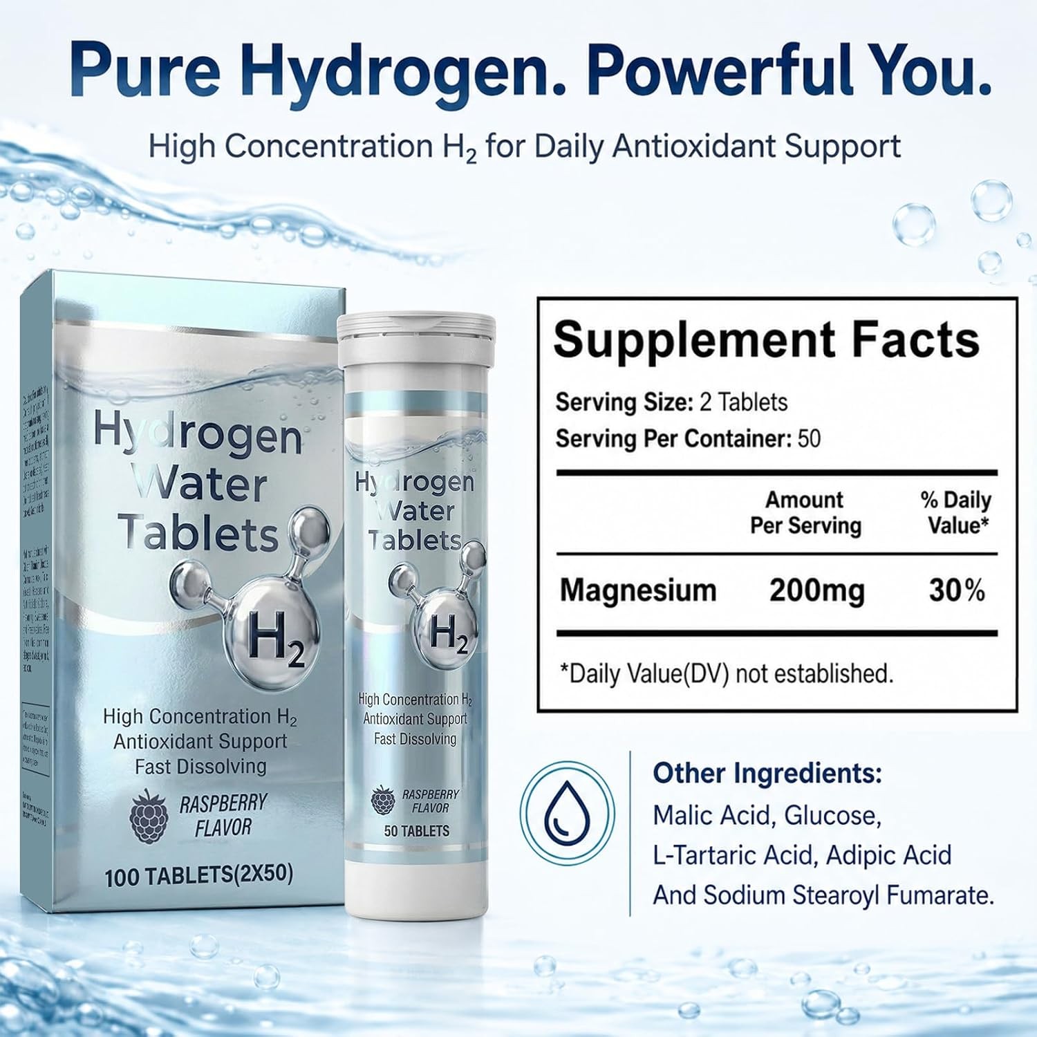 Raspberry Hydrogen Water Tablets, 100 ct Molecular Hydrogen Water Tablets