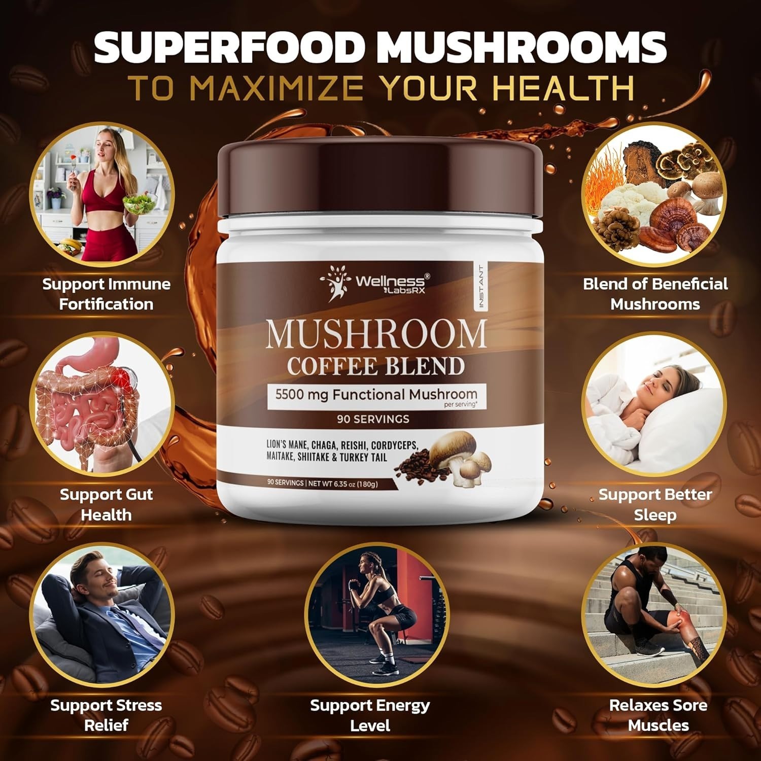 Mushroom Coffee 90 Servings | Lions Mane, Reishi, Chaga, Keto Instant Blend