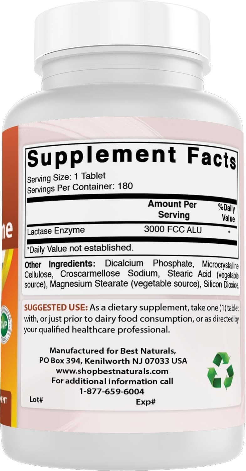 Fast Acting Lactase Enzyme Tablets, 3000 Alu – 180 Count for Lactose Relief