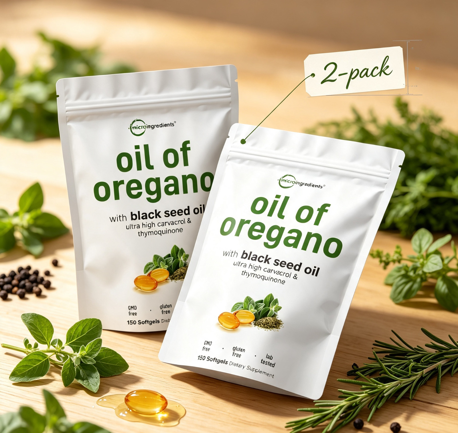 Micro Ingredients Oil of Oregano & Black Seed Oil – 150 Softgels, 2‑Pack