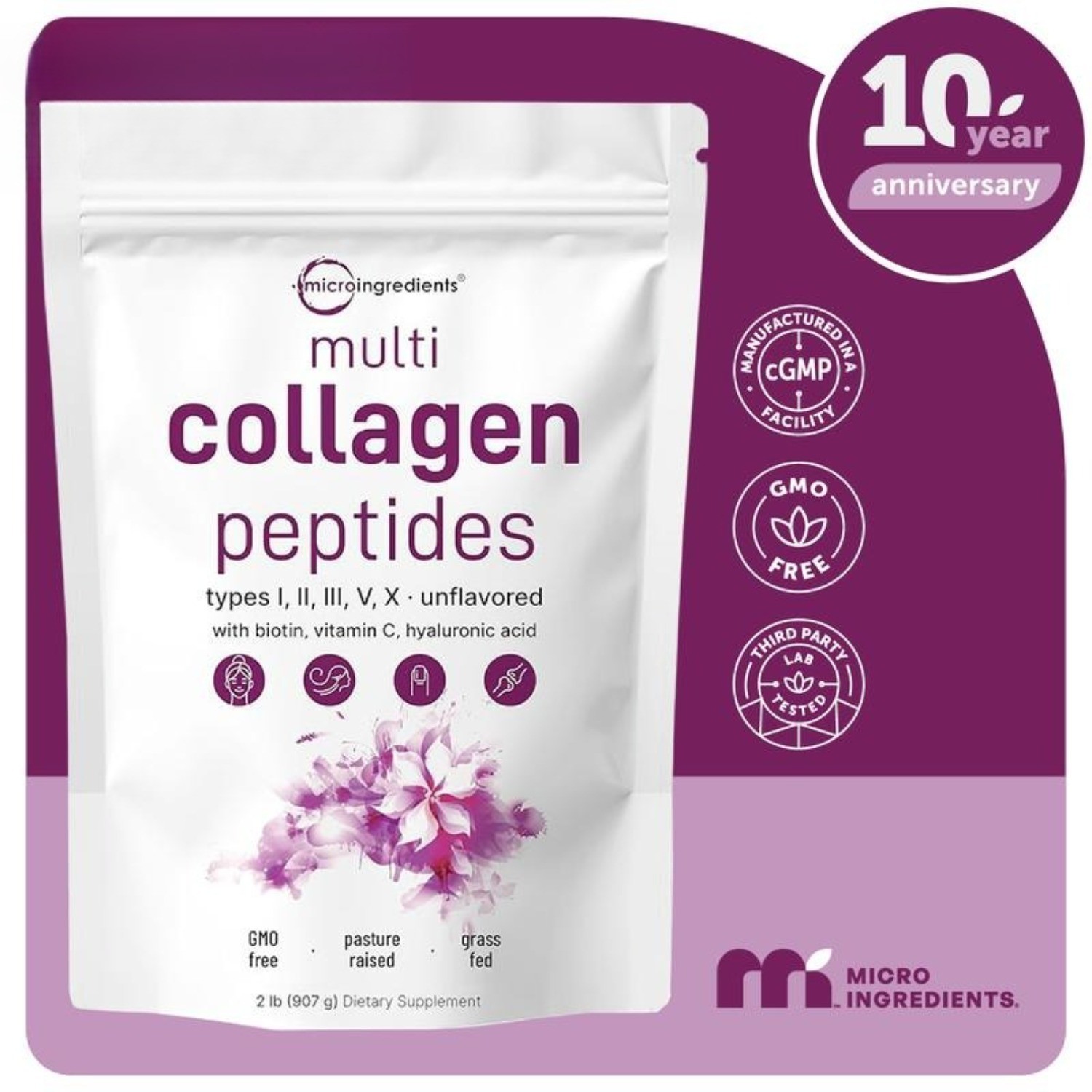 Micro Ingredients Hydrolyzed Multi Collagen (I,II,III,V,X) , Unflavored