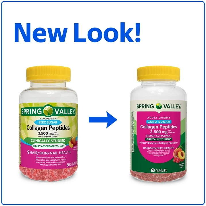 Spring Valley Zero Sugar Collagen Peptides 2500mg Gummy, 60 Count