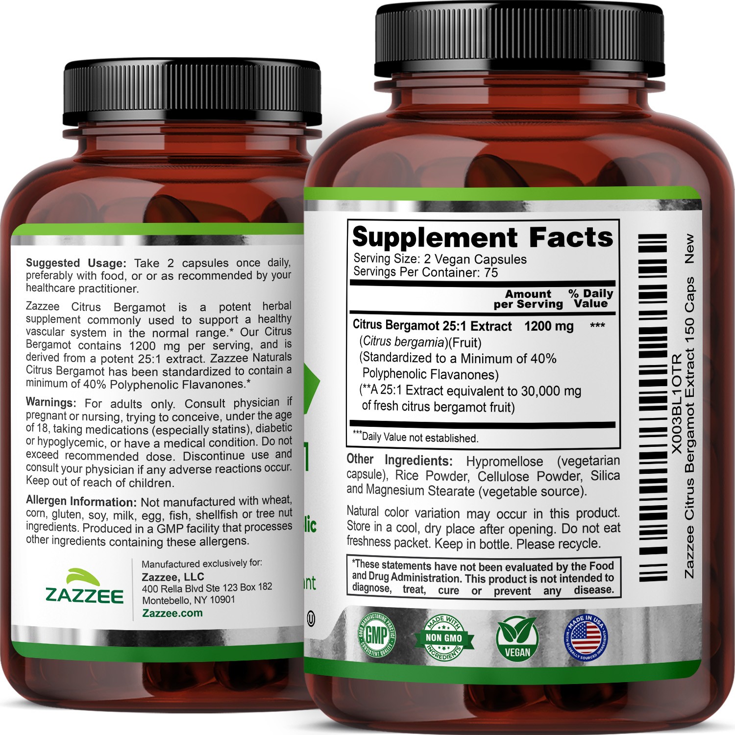 Zazzee Citrus Bergamot 25:1 Extract, 500 mg per Capsule, 150 Vegan Capsules