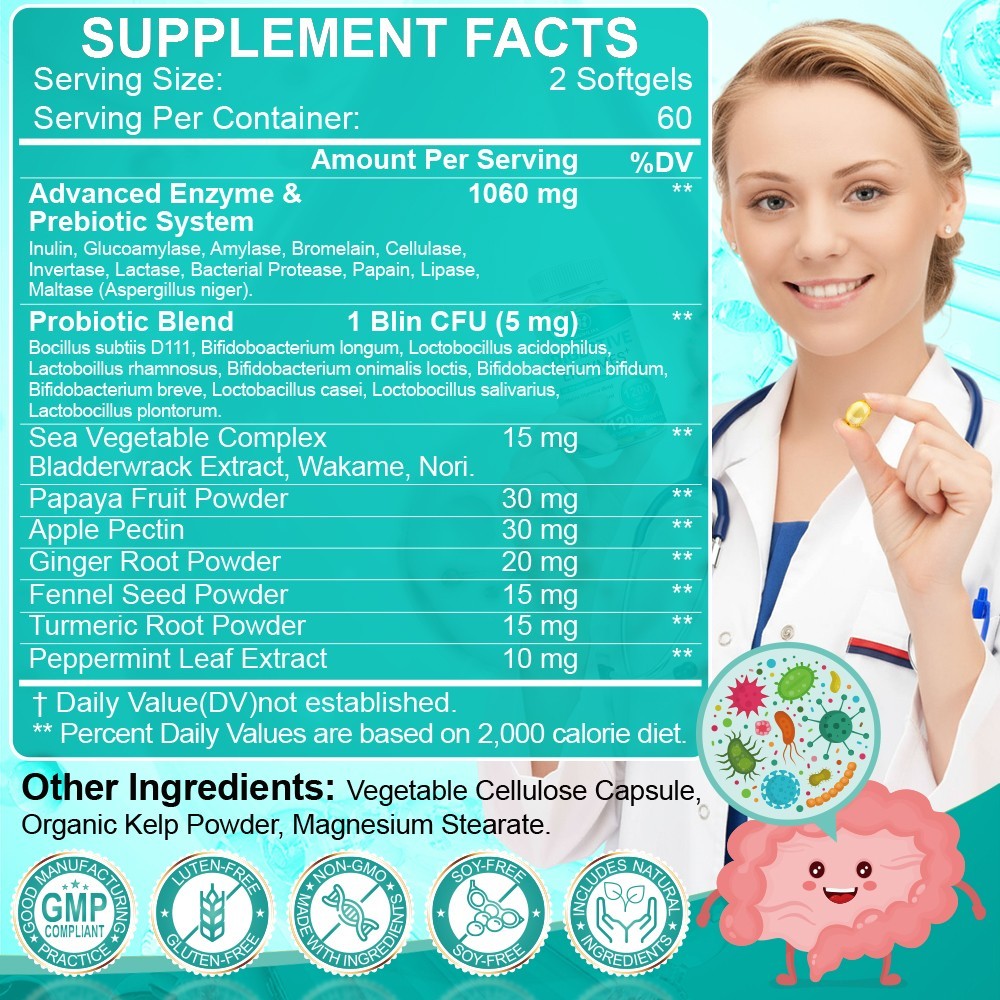 Digestive Enzymes Prebiotic & Probiotics Gas, Constipation & Bloating Relief 120