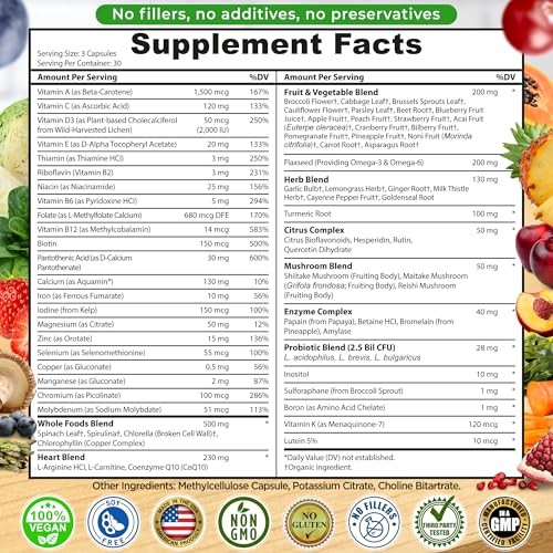 Vegan Whole Food Multivitamin w/ Iron Methylated B-Complex CoQ10 Turmeric 90