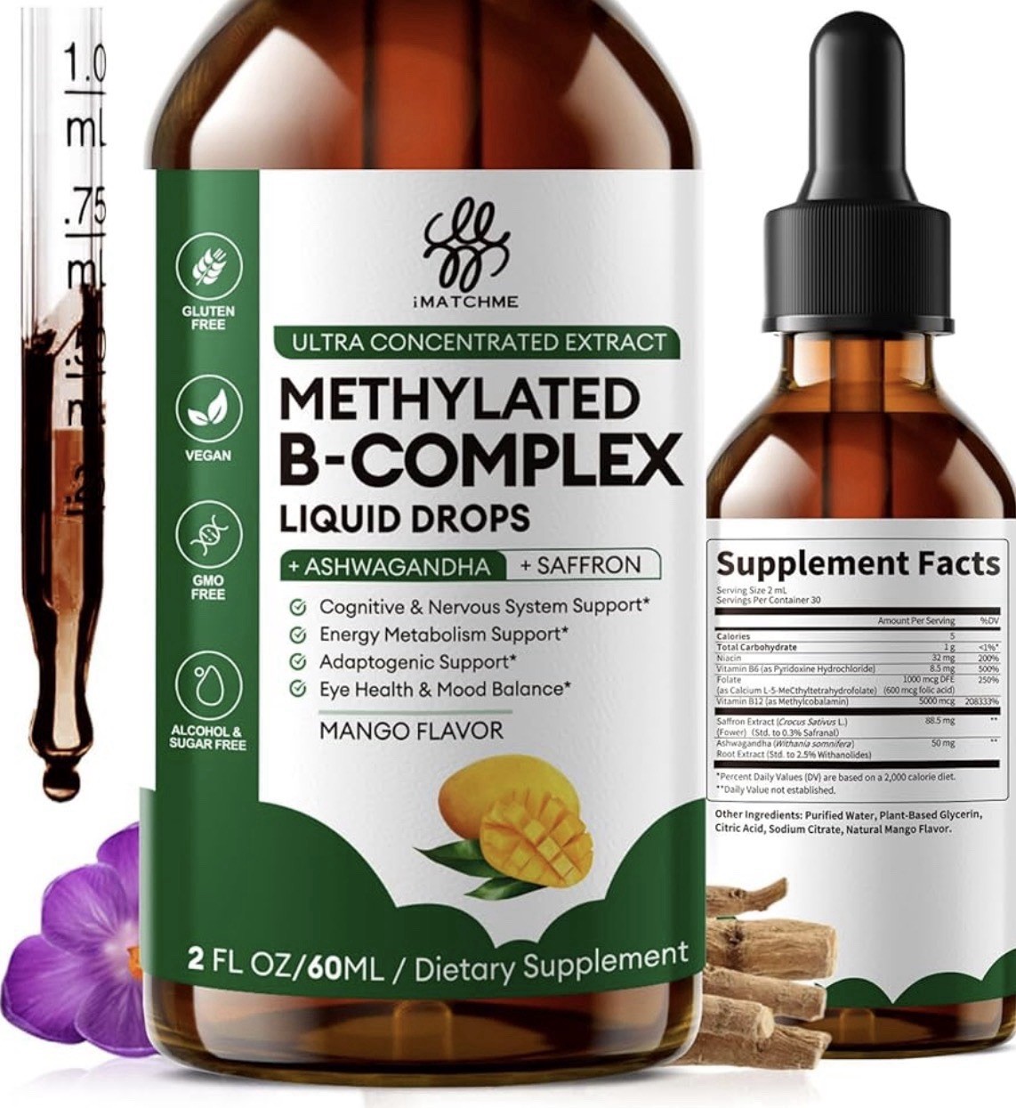iMATCHME Methylated B-Complex Drops w/ Ashwagandha, Mango 2 fl oz