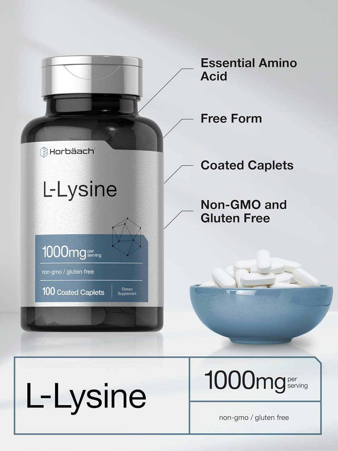 L-Lysine 1000Mg | 100 Coated Caplets | Free Form Dietary Supplement | Essential