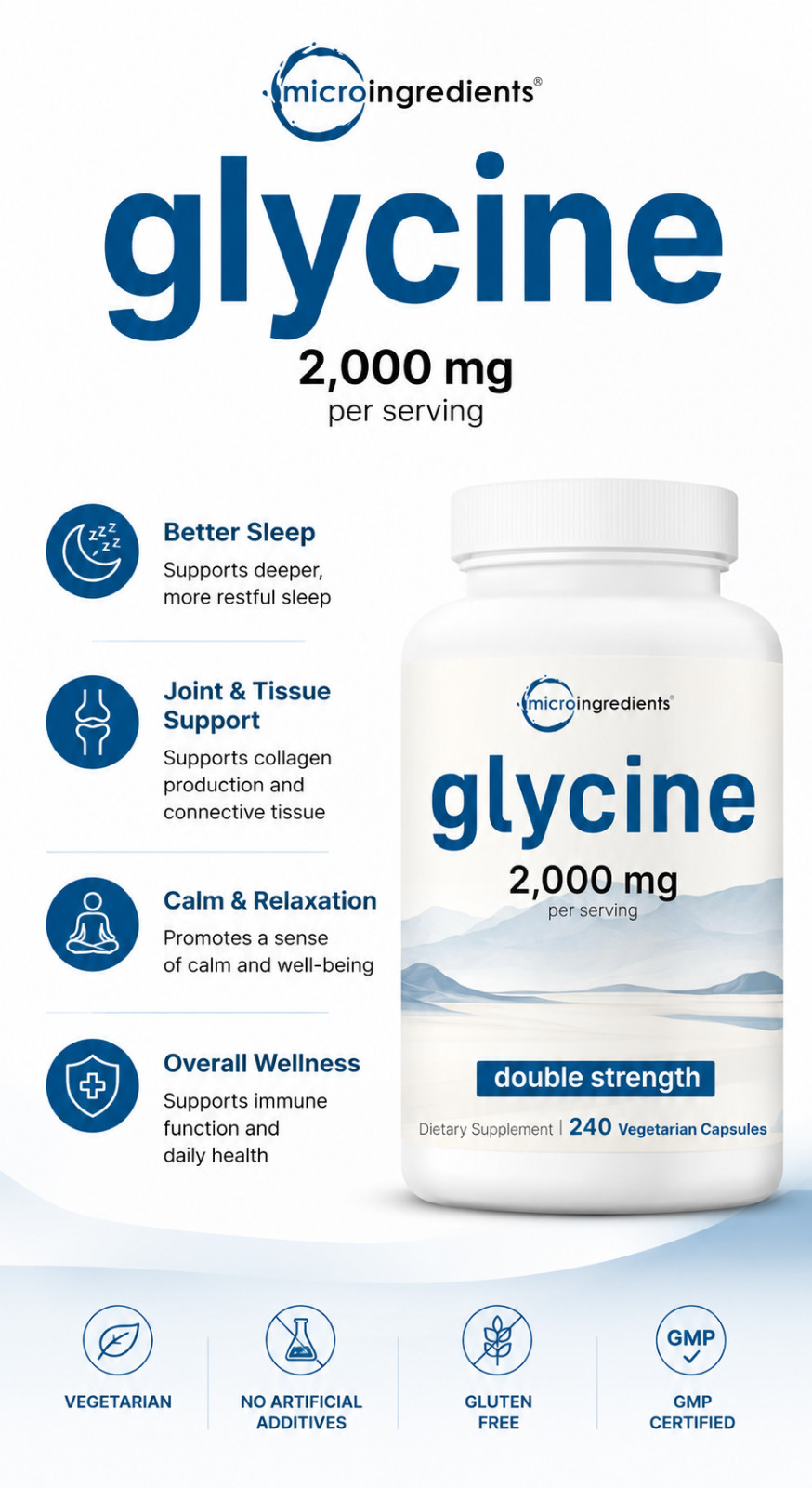 Glycine 2000mg Veggie Capsules Sleep Support Non-GMO Gluten Free Amino Acids Max