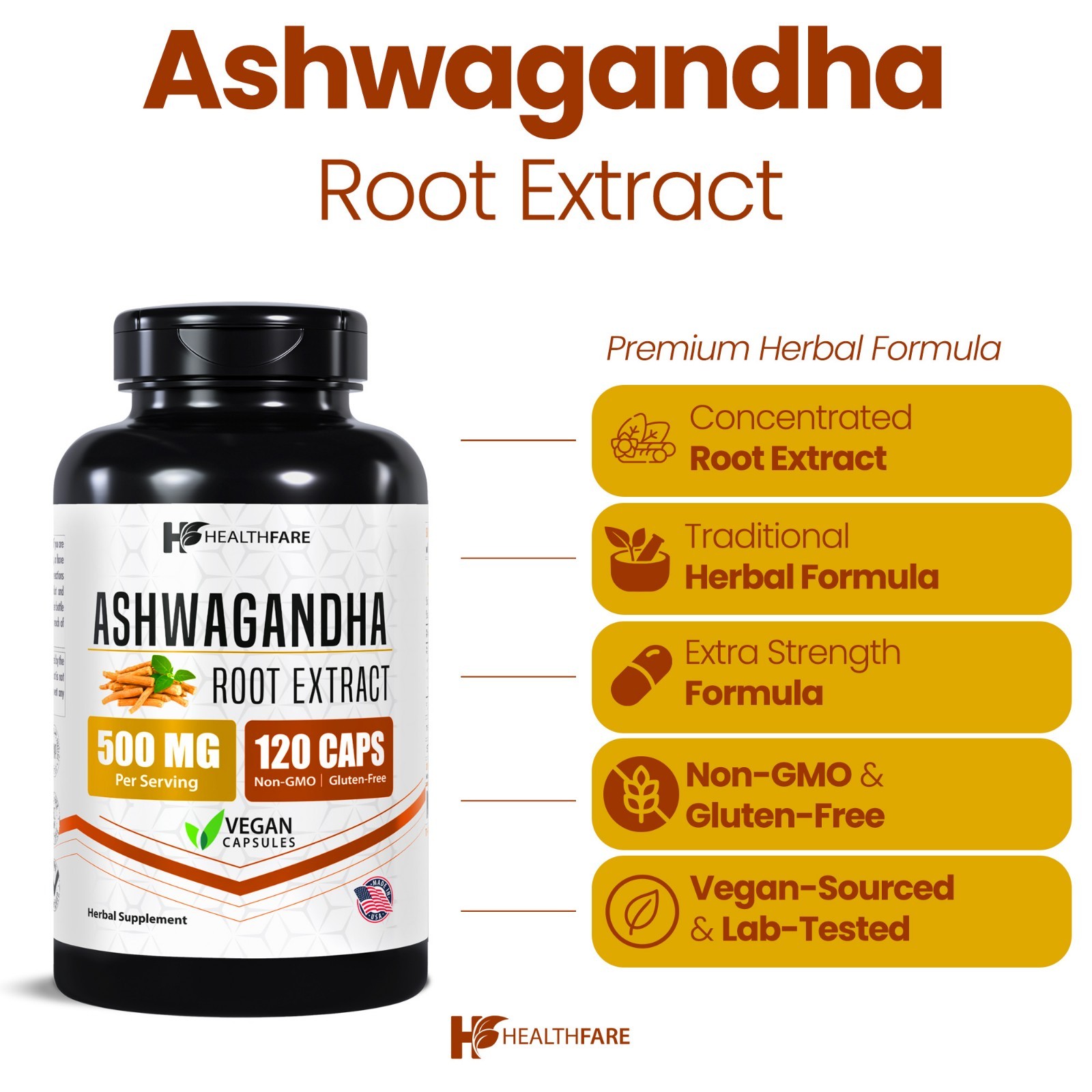 HealthFare Ashwagandha Root Herbal Supplement 500mg 120 Vegan Capsules – Non-GMO