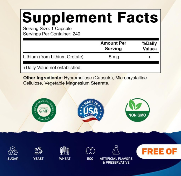 Vitamatic Lithium Orotate 5mg, 240 Veggie Capsules, Non-GMO, Gluten Free.