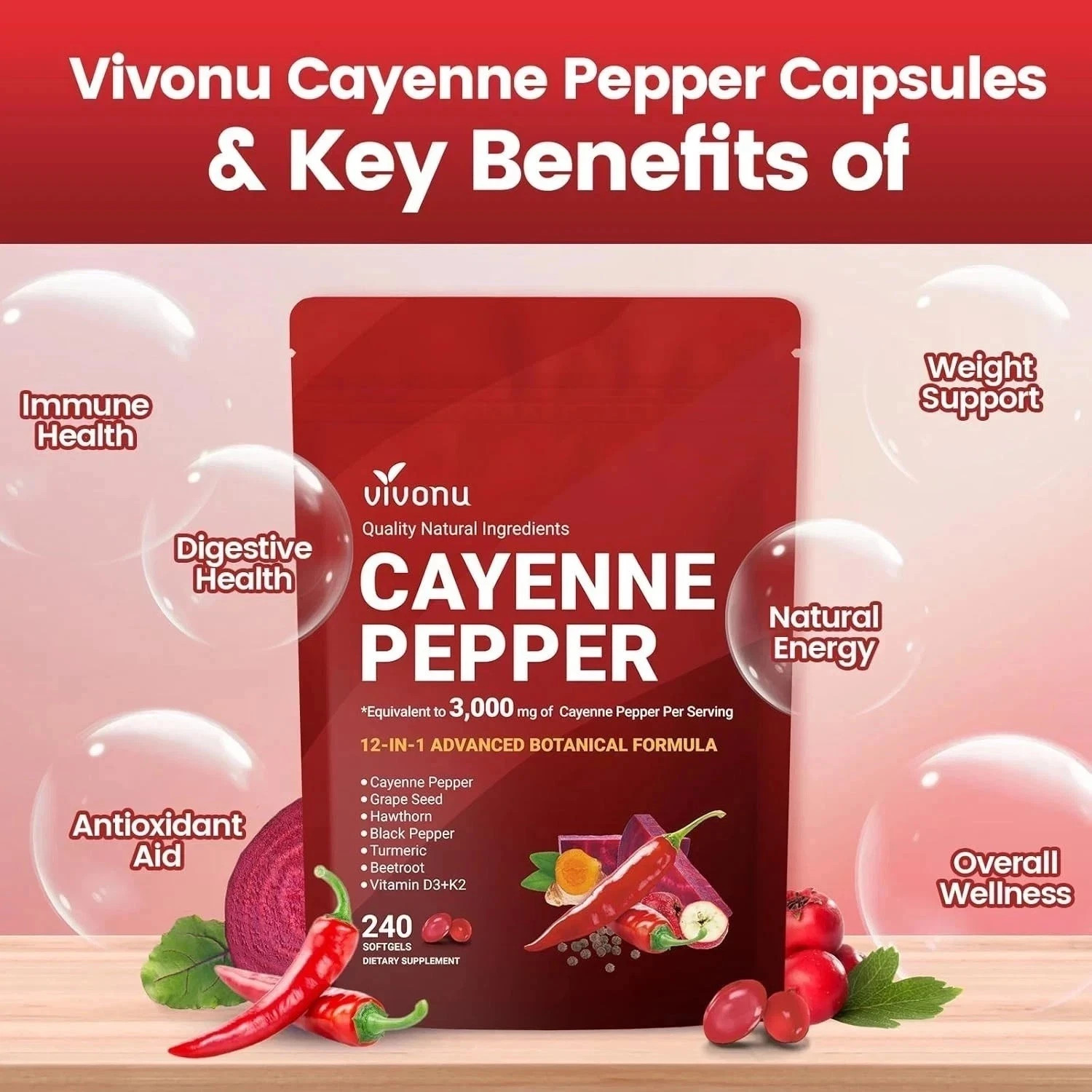 VivoNu Cayenne Pepper Softgels Supplement – 240 Capsules NEW FREE SHIP