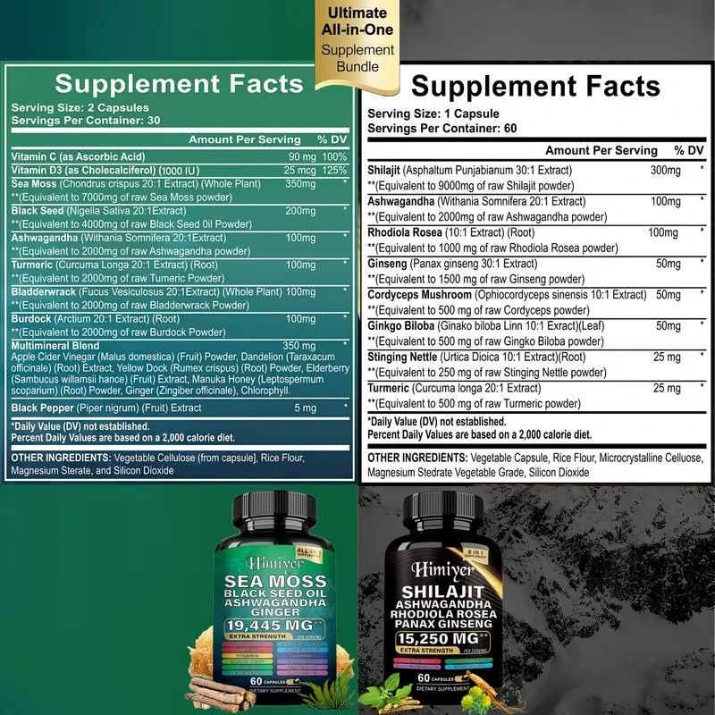 Sea Moss and Shilajit Bundle, Sea Moss 19,445mg, Black Seed Oil 15,250mg Ash