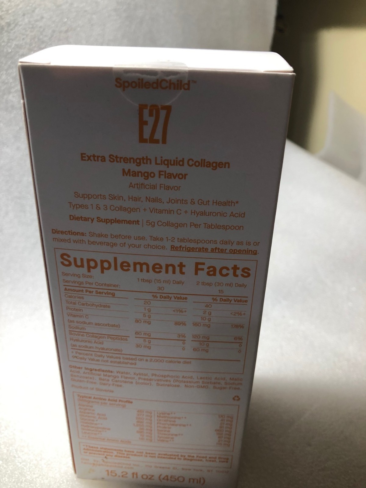 SpoiledChild E27 Liquid Collagen Peptides+ C Mango Flavor 15.2 fl oz 450ml (L14