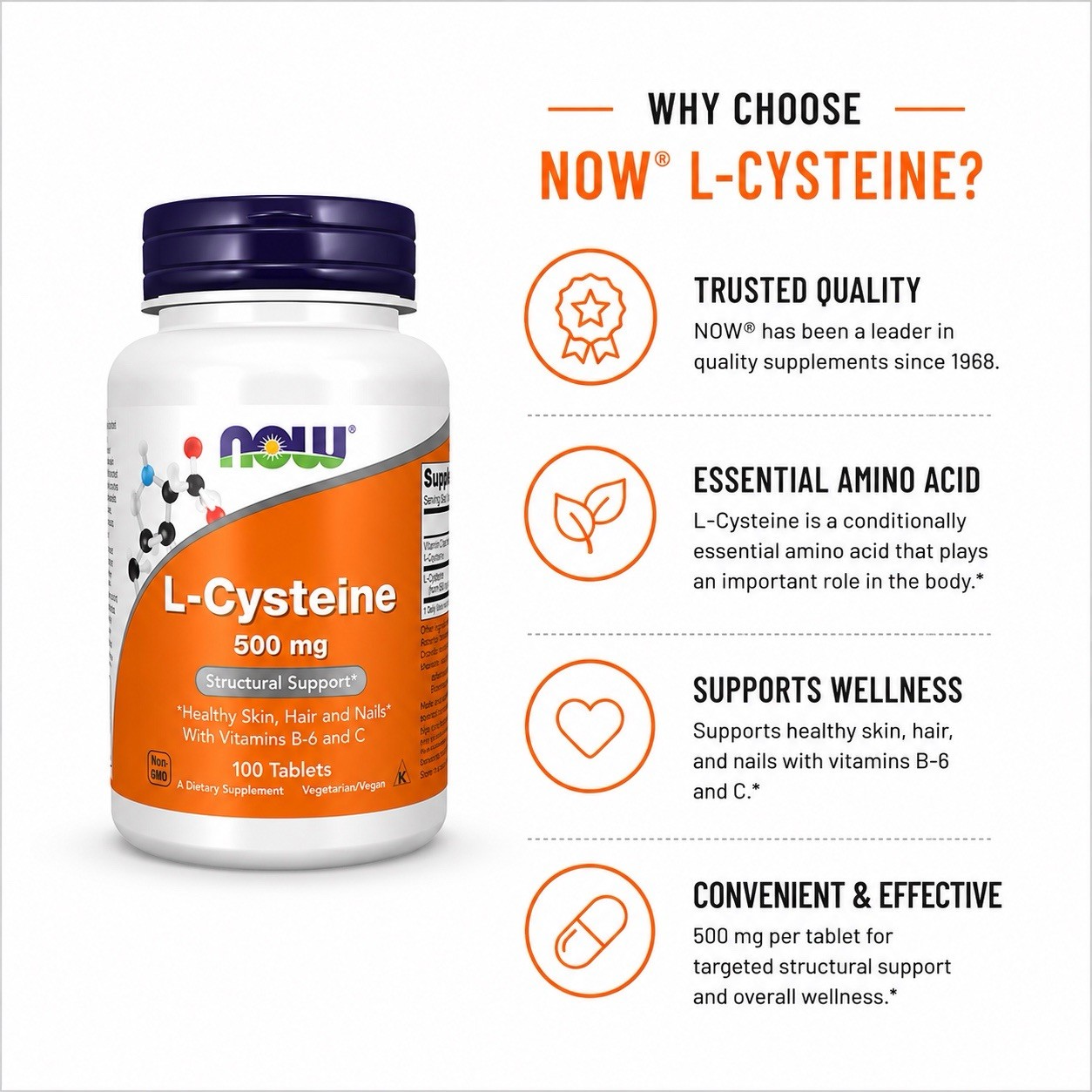 NOW L-Cysteine 500mg 100 Tablets Hair Skin Nails Antioxidant Detox Support