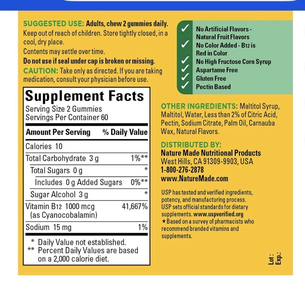 Nature Made Zero Sugar Energy Vitamin B12 Gummies Sugar Free Gummies 120Ct.
