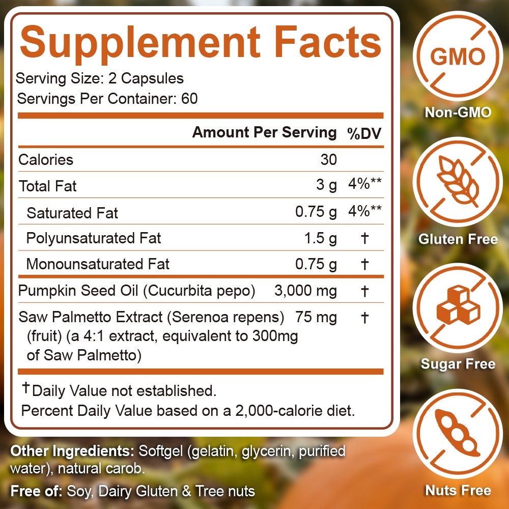 Everly Pumpkin Seed Oil With Saw Palmetto, Upgraded Cold Pressed, 120 Softgels