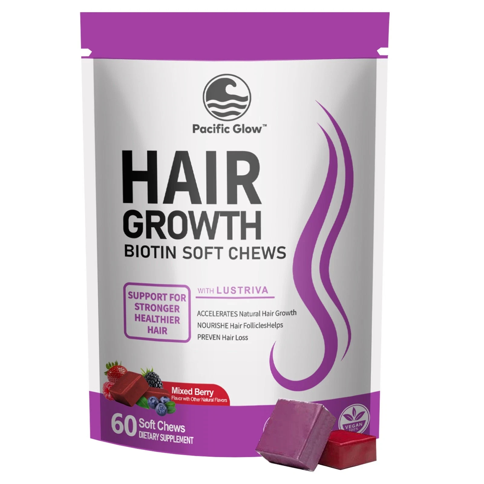 PACIFIC GLOW Hair Growth Biotin Mixed Berry Soft Chews Vitamins Women w Lustriva