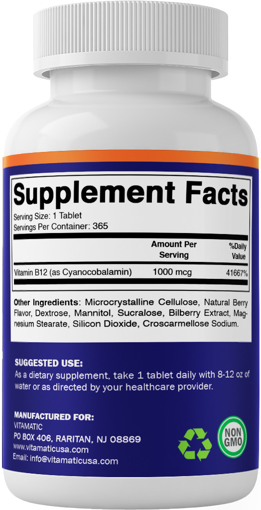 (2 Pack) Vitamatic Vitamin B12 1000 mcg Fast Dissolve 365 Tablets-Berry Flavor