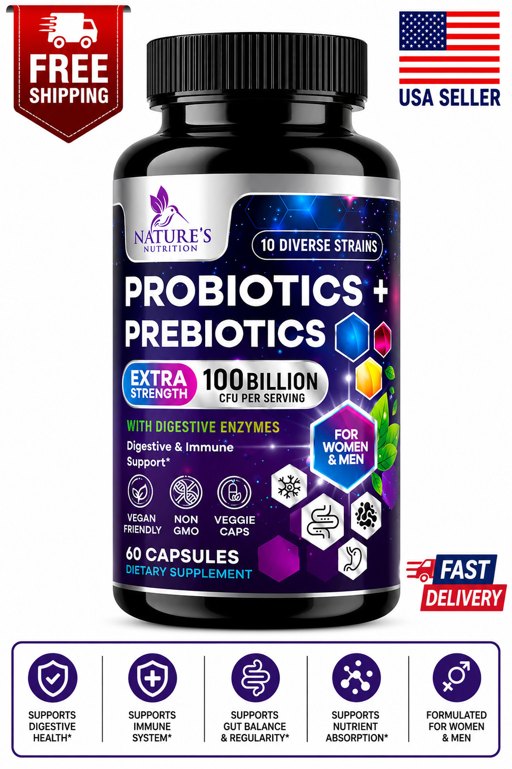 Daily Probiotic and Prebiotic Supplement 100 Billion CFU 10 Diverse Strains…