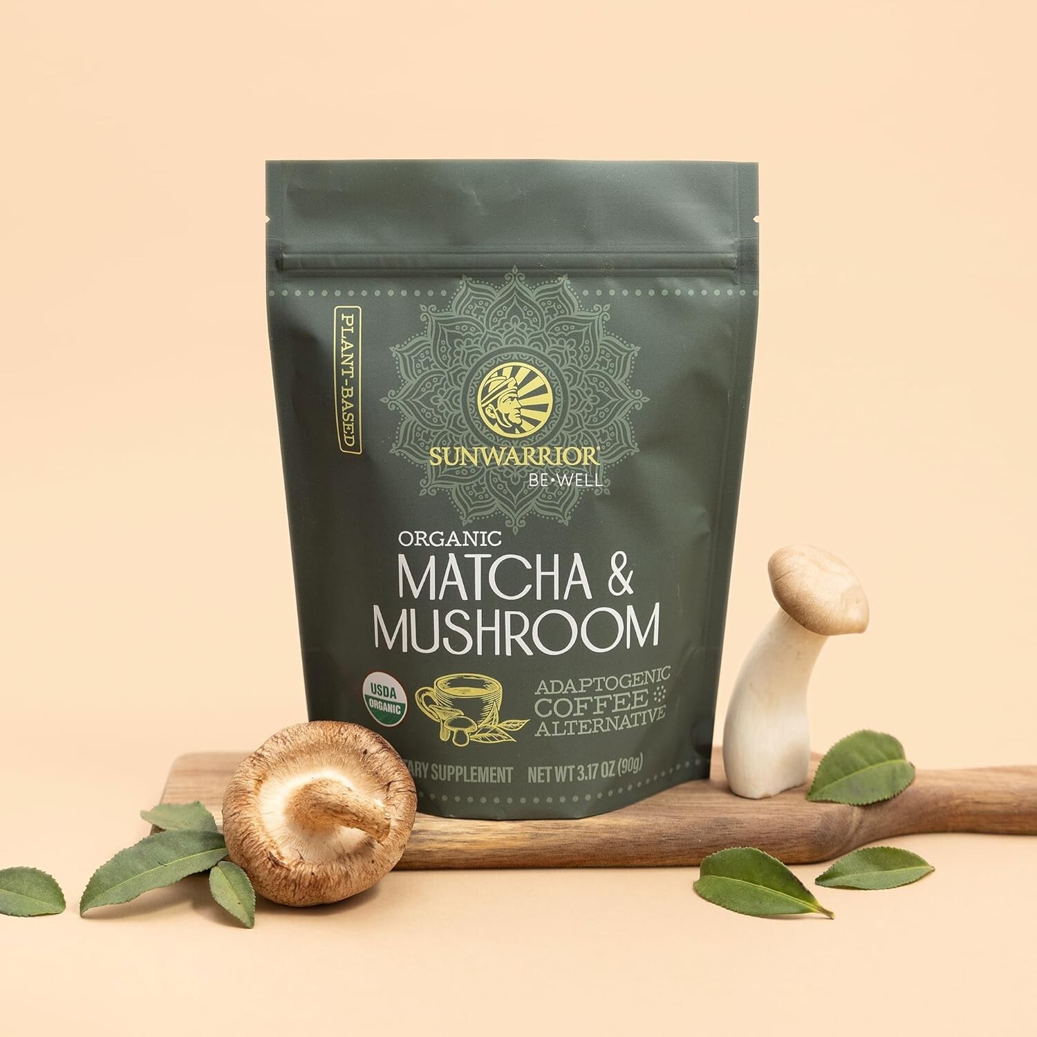 Sunwarrior Organic Matcha Mushroom Powder Supplement Mushroom Coffee, 3.2 oz