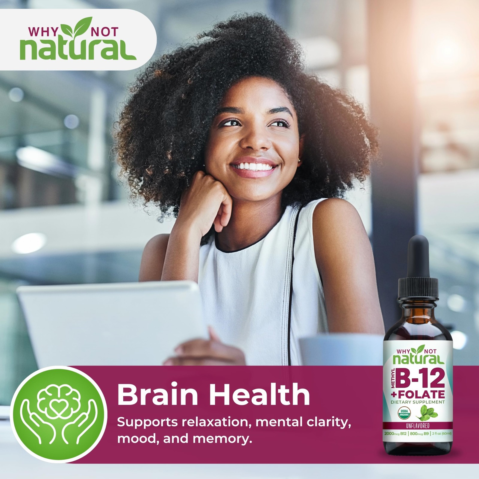 Why Not Natural Vitamin B12 Liquid Plus Folate – 2 Fl Oz (Pack of 1), Red