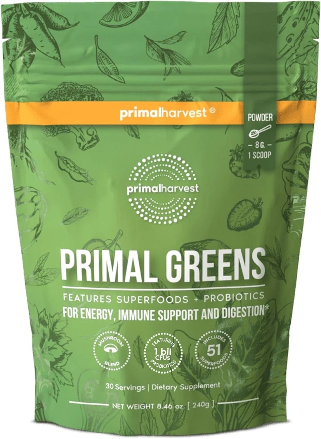 Primal Harvest Greens Powder Veggie Fruit and Vegetable Blend 30 Scoops