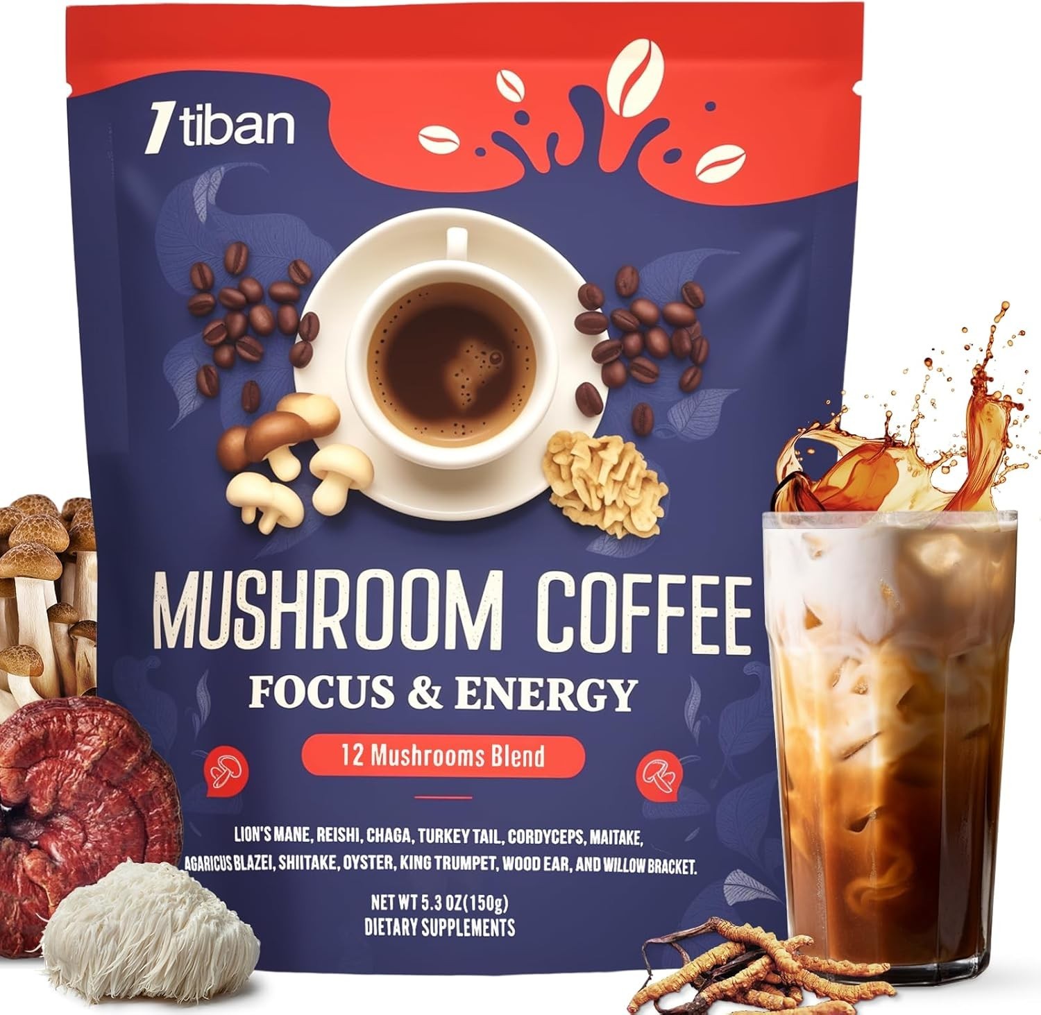 Mushroom Coffee, 12 Mushrooms Powder Blend Ashwagandha, Lion’s Mane, Chaga an…